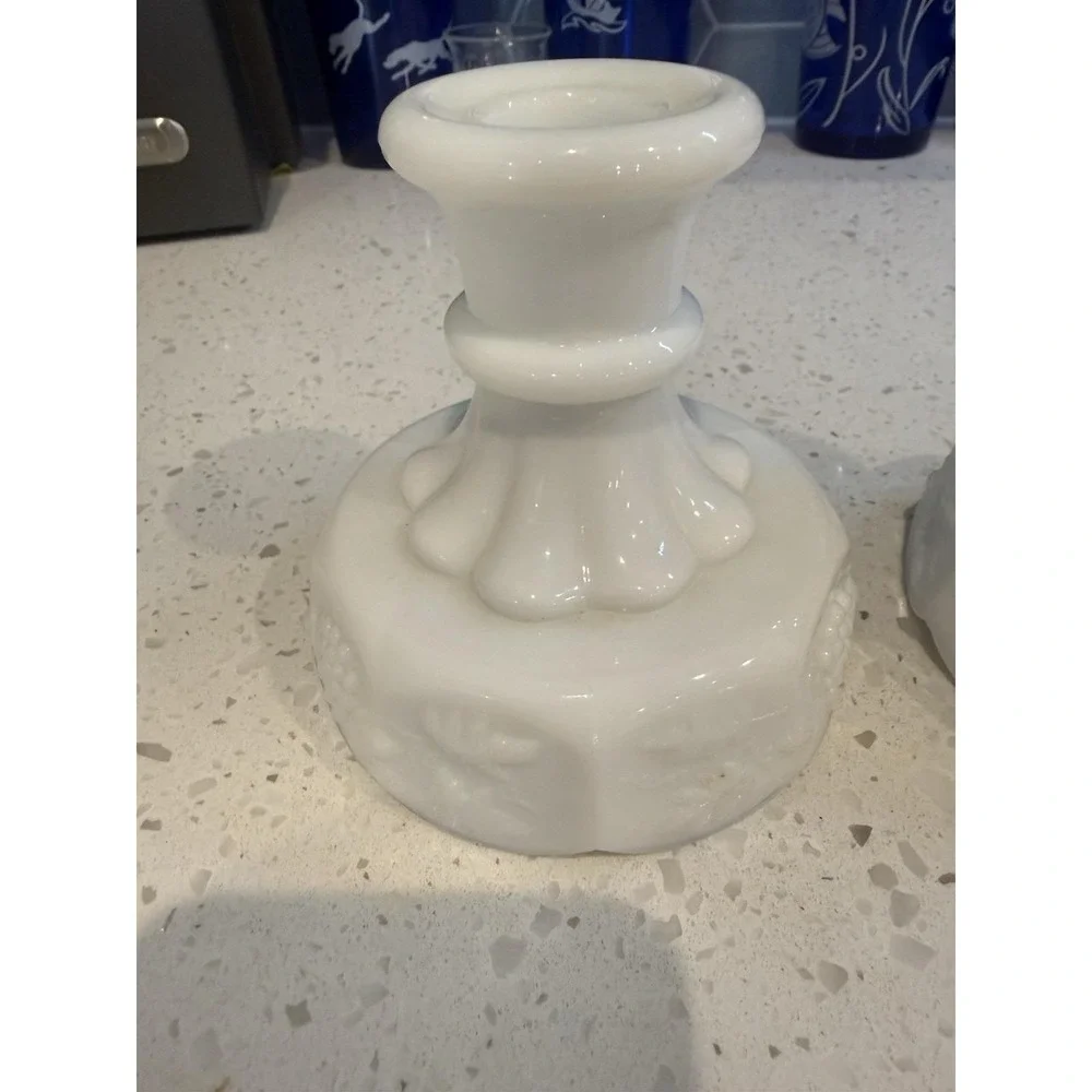 Westmoreland Paneled Grape Milk Glass Pair Of Candle Stick Holders  Mid Century